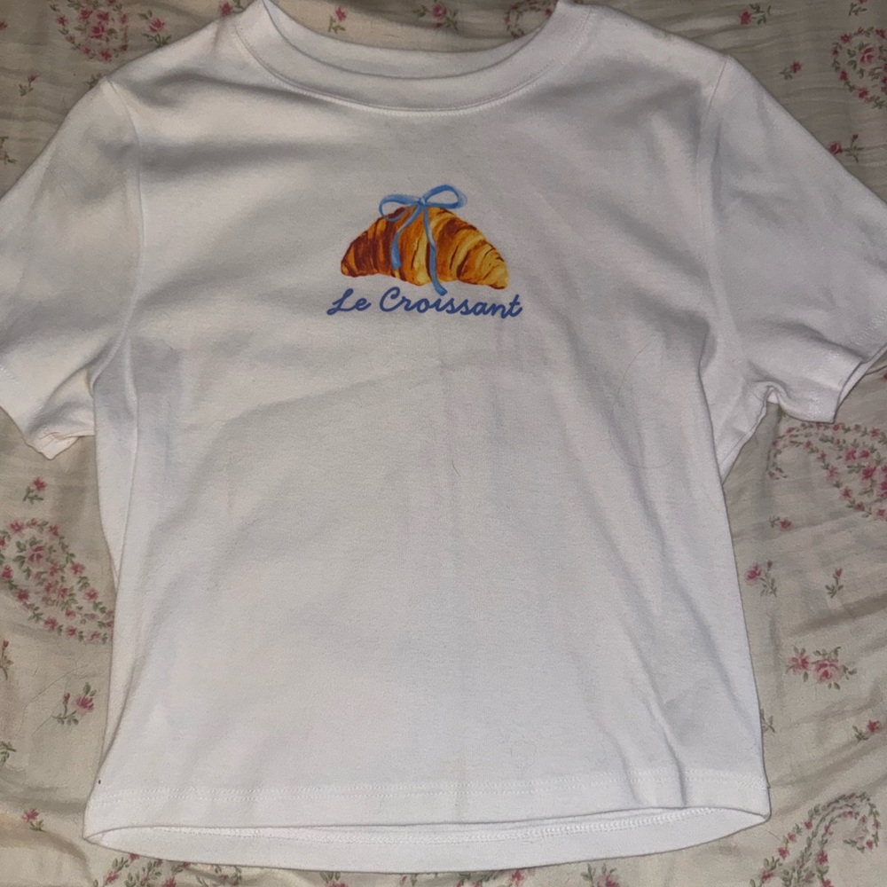 No Boundaries White Tee with Croissant Graphic and Blue Script